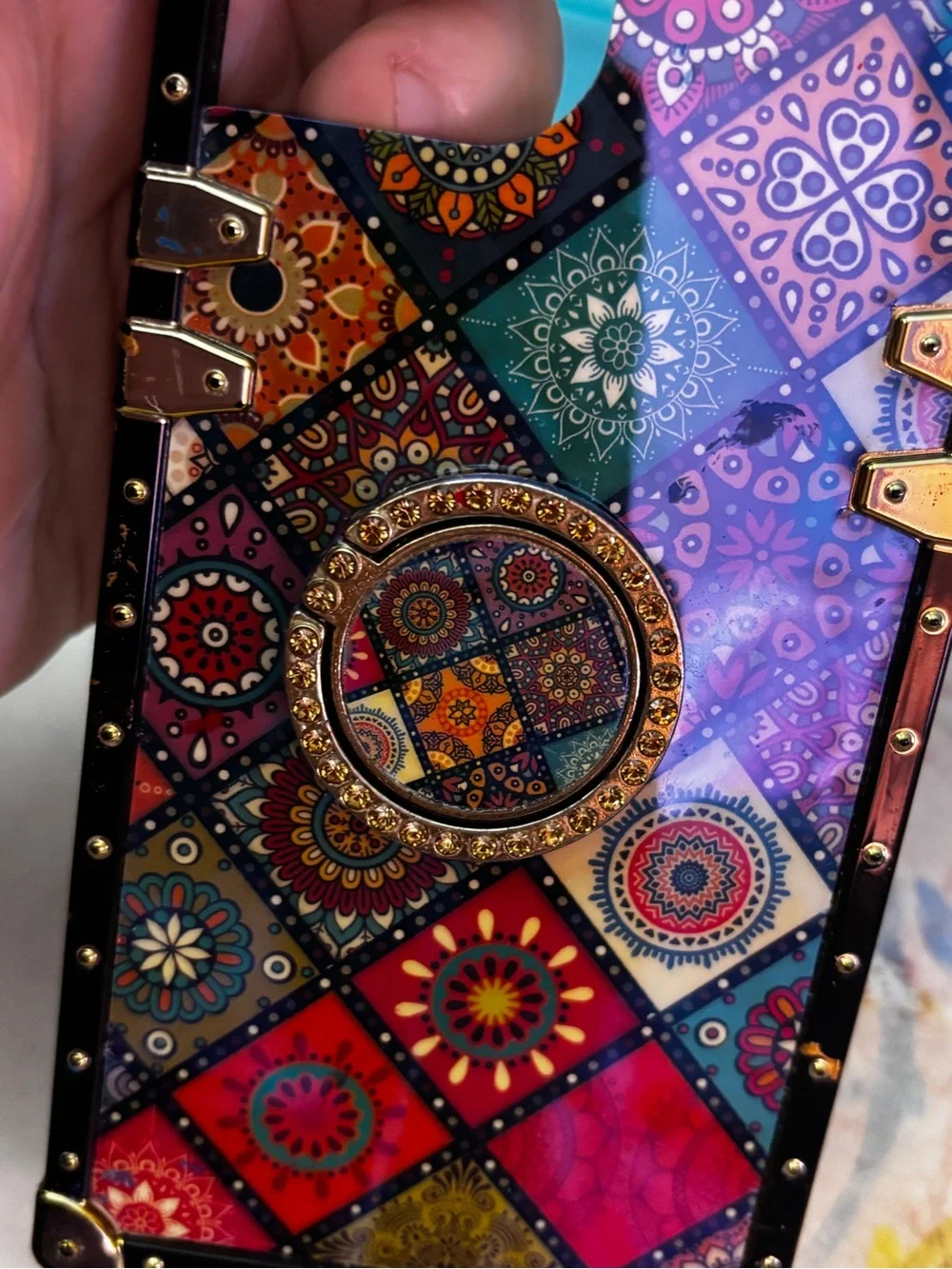 Colorful Mosaic Pattern Trunk Style iPhone 15 Case with Gold Ring